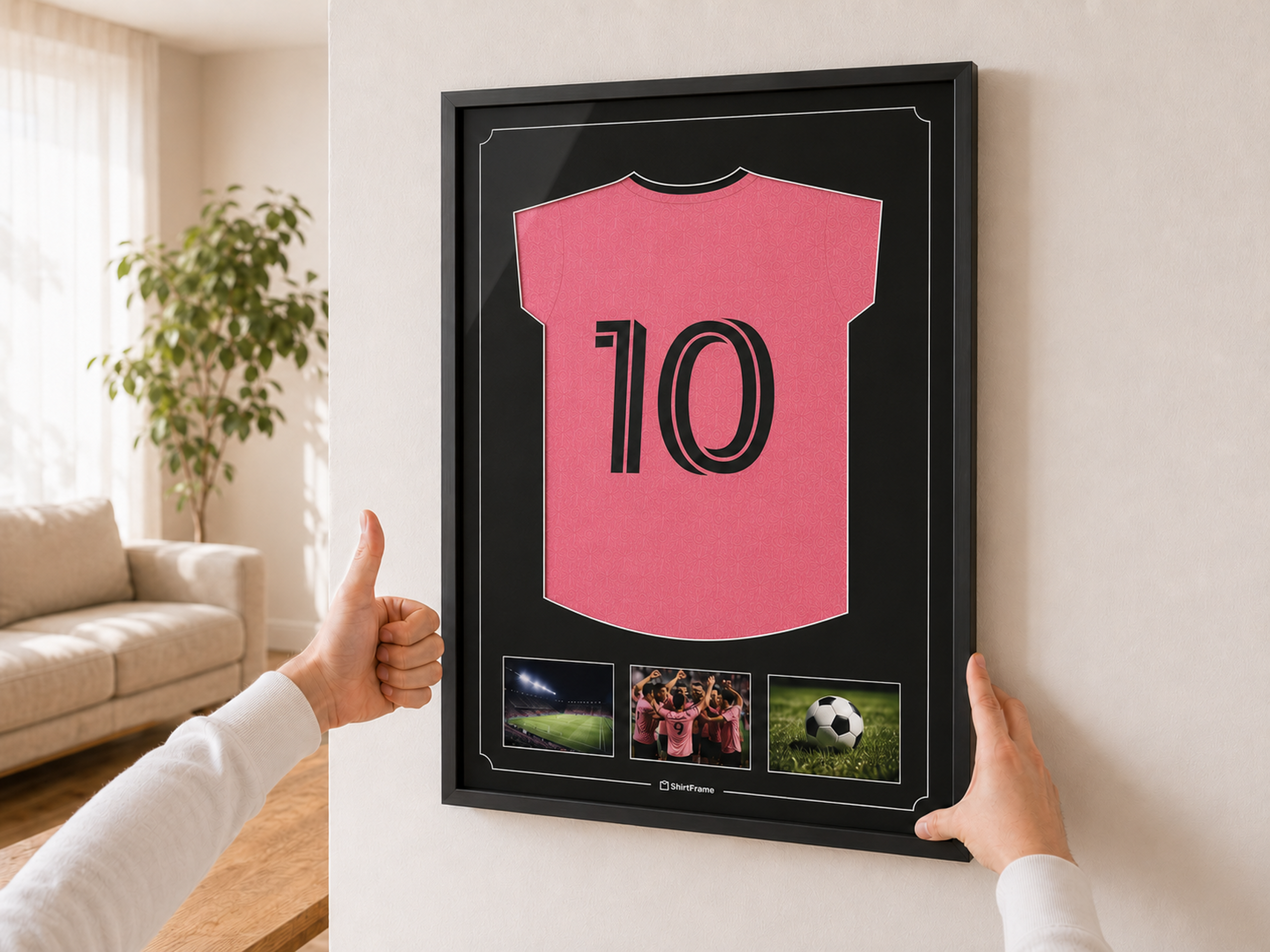 ShirtFrame met ingelijst sportshirt hangt strak aan de muur
